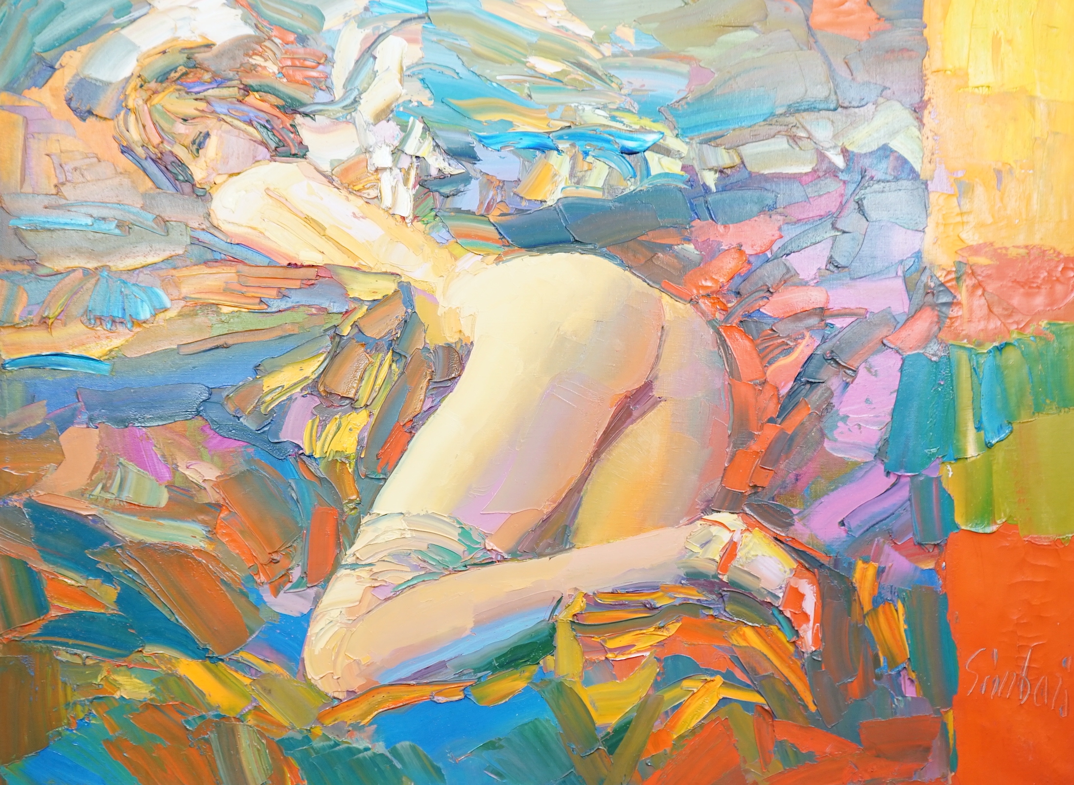 Nicola Simbari (Italian, 1927-2012), 'Pagazza Che Dorme', oil on canvas, 96 x 129cm